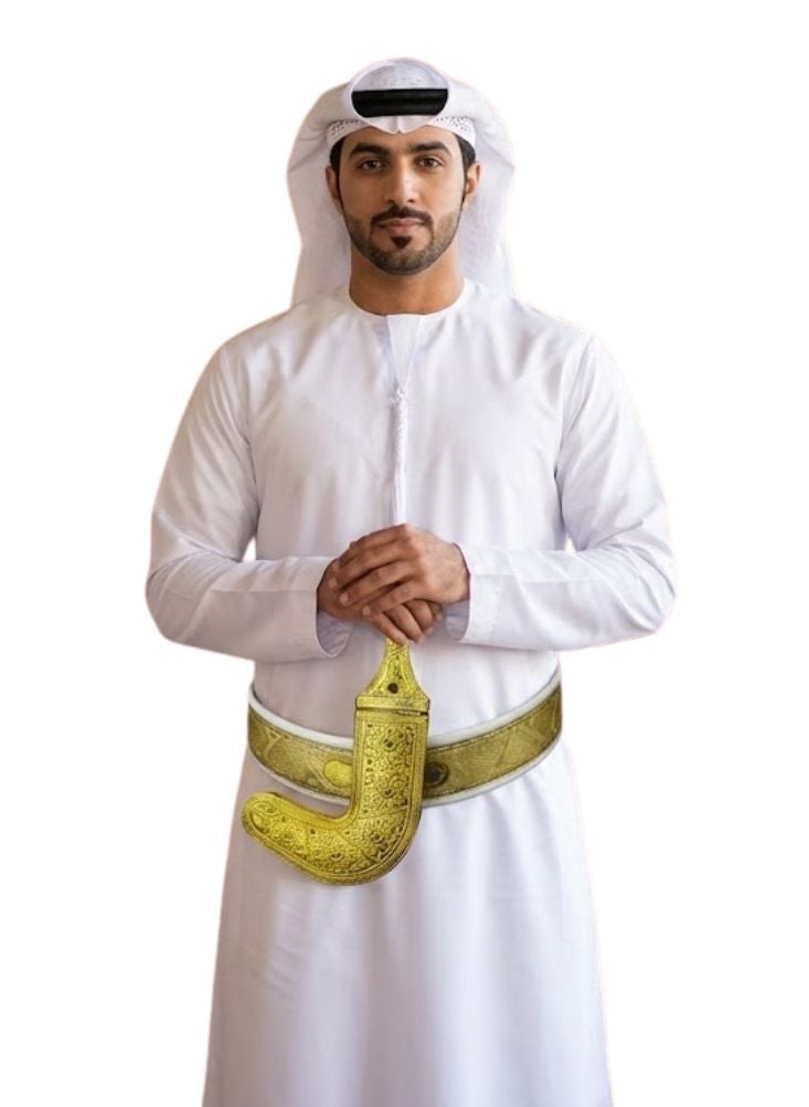 Premium Traditional Gold Arabian Jambiya Dagger Belt With Arabian Dagger Khanjar With Belt – Gold-Finished Curved Handle with Embossed Pattern Strap, Cultural Dress Accessory for Men - Image 2